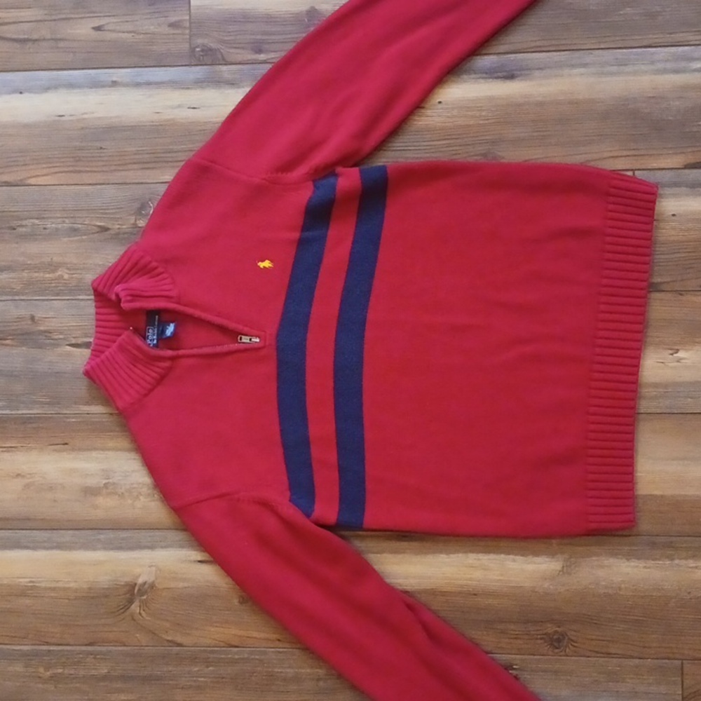 Ralph Lauren Polo Vintage Mens Red and Navy Zip-Up Neck Sweater Cotton